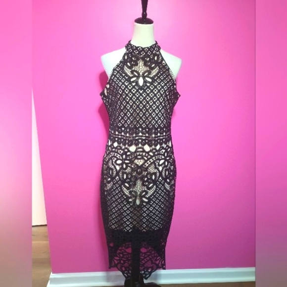 Eilly Bazar Ladies Black Lace Overlay Midi Pencil Dress (Size XL) - Picture 2 of 9